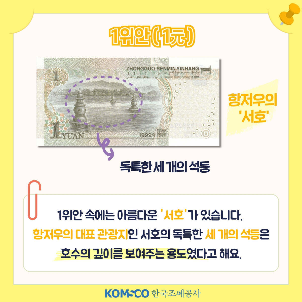 1위안(1元) 항저우의 서호 독특한 세 개의 석등  1위안 속에는 아름다운 '서호'가 있습니다. 항저우의 대표 관광지인 서호의 독특한 세 개의 석등은 호수의 깊이를 보여주는 용도였다고 해요.