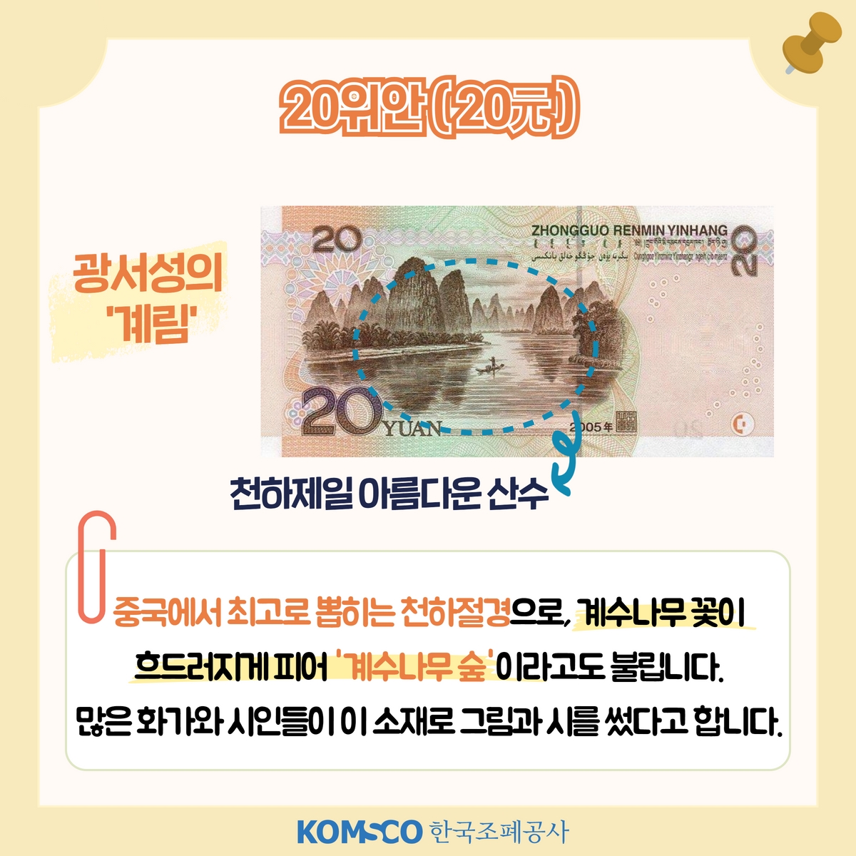 20위안(20元) 광서성의 '계림' 천하제일 아름다운 산수  중국에서 최고로 뽑히는 천하절경으로, 계수나무 꽃이 흐드러지게 피어 '계수나무 숲'이라고도 불립니다. 많은 화가와 시인들이 이 소재로 그림과 시를 썼다고 합니다.