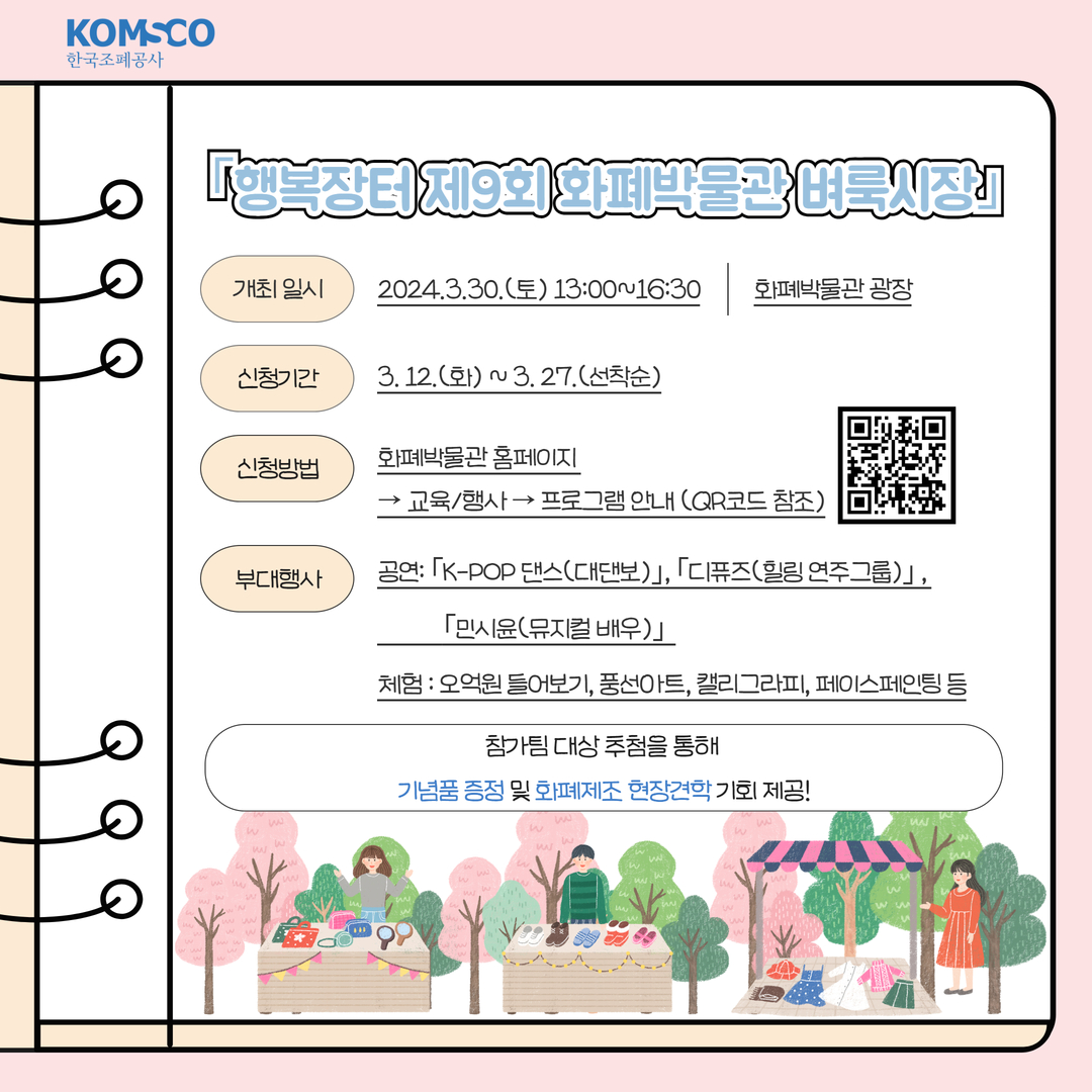 행복장터 제9회 화폐박물관 벼룩시장 개최 일시 : 2024.3.30.(토) 13:00~16:30 / 화폐박물관 광장신청기간 : 3.12.(화) ~ 3.27.(선착순)신청방법 : 화폐박물관 홈페이지 → 교육/행사 → 프로그램 안내(QR코드 참조)부대행사 : 공연 : K-POP댄스(대댄보), 디퓨즈(힐링 연주그룹), 민시윤(뮤지컬 배우)체험 : 오억원 들어보기, 풍선아트, 캘리그라피, 페이스페인팅 등참가팅 대상 추첨을 통해 기념품 증정 및 화폐제조 현장견학 기회 제공!
