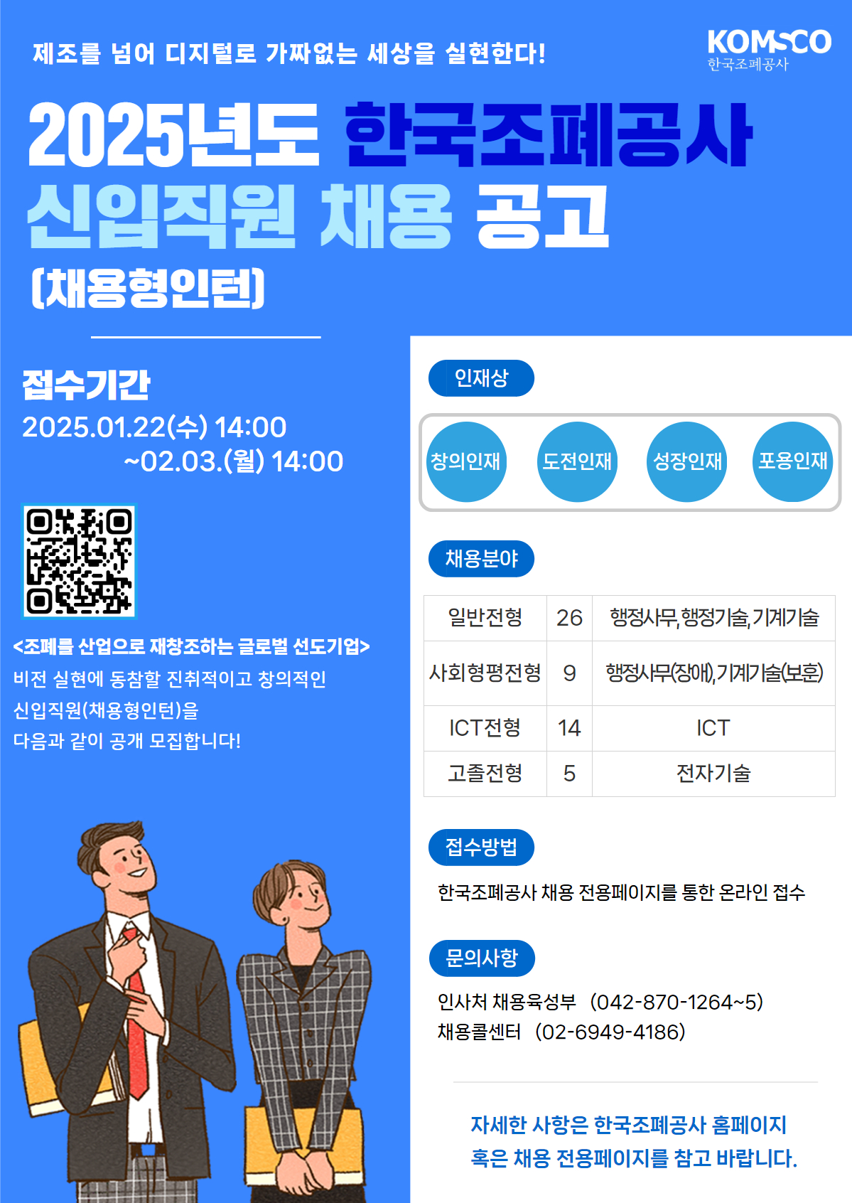 제조를 넘어 디지털로 가짜없는 세상을 실현한다! 2025년도 한국조폐공사 신입직원(채용형인턴) 채용 공고 접수기간 2025.01.22.(수) 14:00 ~ 02.03.(월) 14:00 <조폐를 산업으로 재창조하는 글로벌 선도기업> 비전 실현에 동참할 진취적이고 창의적인 신입직원(채용형인턴)을 다음과 같이 공개 모집합니다! 인재상 창의인재 도전인재 성장인재 포용인재 채용분야 일반전형 26 행정사무, 행정기술, 기계기술 사회형평전형 9 행정사무(장애), 기계기술(보훈) ICT전형 14 ICT 고졸전형 5 전자기술 접수방법 한국조폐공사 채용 전용페이지를 통한 온라인 접수 문의사항 인사처 채용육성부 (042-870-1264~5) 채용콜센터 (02-6949-4186) 자세한 사항은 한국조폐공사 홈페이지 혹은 채용 전용페이지를 참고 바랍니다.