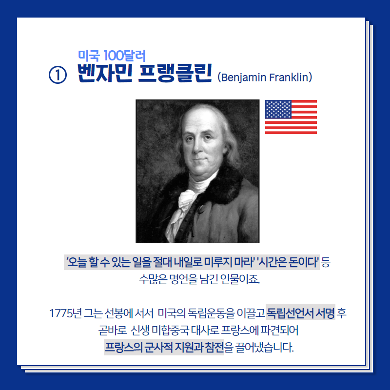 미국 100달러의 주인공 벤자민 프랭클린은  '오늘 할 수 있는 일을 절대 내일로 미루지 마라', '시간은 돈이다'등 수많은 명언을 남긴 인물이죠.  1775년 그는 선봉에 서서 미국의 독립운동을 이끌고 독립선언서 서명 후 곧바로 신생 미합중국 대사로 프랑스에 파견되어 프랑스의 군사적 지원과 참전을 끌어냈습니다.
