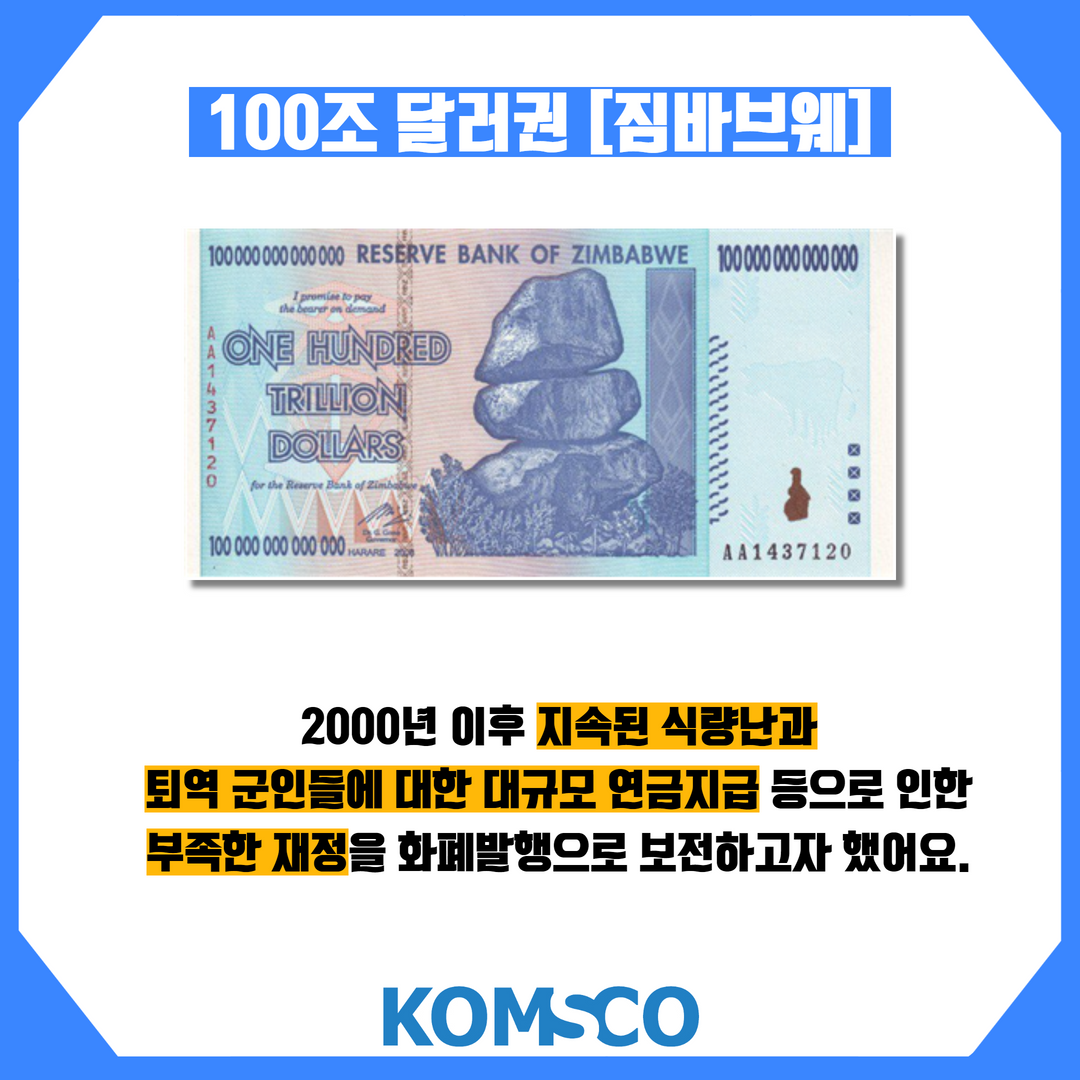 100조 달러권(짐바브웨)  2000년 이후 지속된 식량난과 퇴역 군인들에 대한 대규모 연금지급 등으로 인한 부족한 재정을 화폐발행으로 보전하고자 했어요.