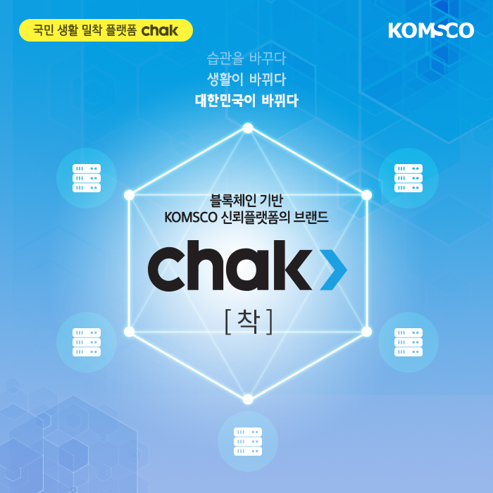 국민 생활 밀착 플랫폼 chak. 습관을 바꾸다. 생활이 바뀌다. 대학민국이 바뀌다. 블록체인 기반 komsco 신뢰플랫폼의 브랜드 chak[착]