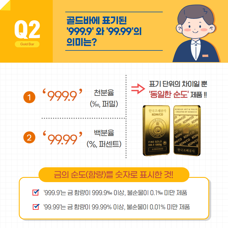 골드바에 표기된 '999.9'와 '99.99'의 의미는?  999.9는 천분율(‰,퍼밀), 00.00는 백분율(%,퍼센트)로 표기 단위의 차이일 뿐 '동일한 순도' 제품!!  금의 순도(함량)를 숫자로 표시한 것!  '999.9'는 금 함량이 999.9퍼밀이상, 불순물이 0.1퍼밀미만 제품, '99.99'는 금 함량이 99.99퍼센트이상, 불순물이 0.1퍼센트 미만 제품 