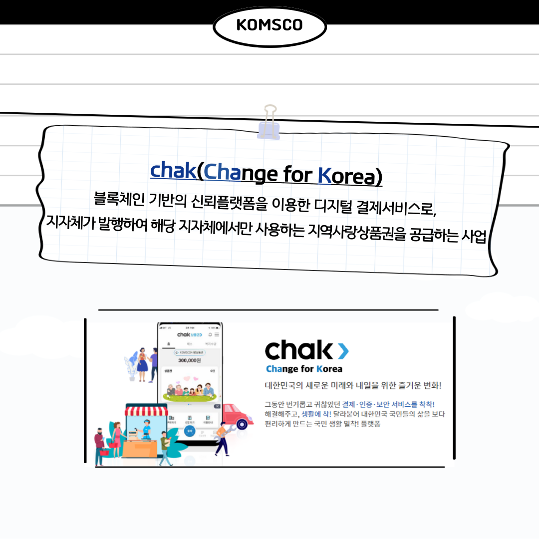 chak(Change for Korea) 블록체인 기반의 신뢰플랫폼을 이용한 디지털 결제서비스로, 지자체가 발행하여 해당 지자체에서만 사용하는 지역사랑상품권을 공급하는 사업