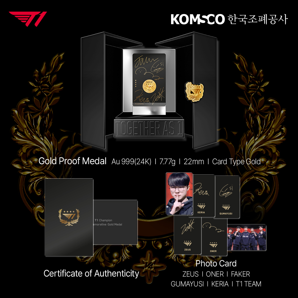 Gold Proof Medal Au999(24K) / 7.77g / 22mm / Card Type Gold Certificate of Authenticity Photo Card ZEUS / ONER / FAKER / GUMAYUSI / KERIA / T1 TEAM