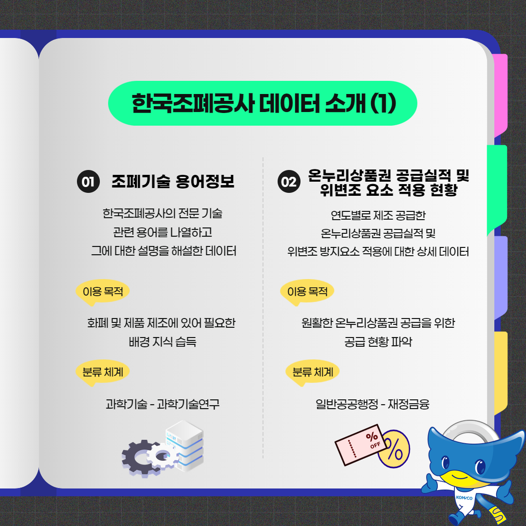 한국조폐공사 데이터 소개(1)  1. 조폐기술 용어정보 한국조폐공사의 전문 기술 관련 용어를 나열하고 그에 대한 설명을 해설한 데이터 이용 목적 : 화폐 및 제품 제조에 있어 필요한 배경 지식 습득 분류 체계 : 과학기술 - 과학기술연구  2. 온누리상품권 공급실적 및 위변조 요소 적용 현황 연도별로 제조 공급한 온누리상품권 공급실적 및 위변조 방지요소 적용에 대한 상세 데이터 이용 목적 : 원활한 온누리상품권 공급을 위한 공급 현황 파악 분류 체계 : 일반공공행정 - 재정금융