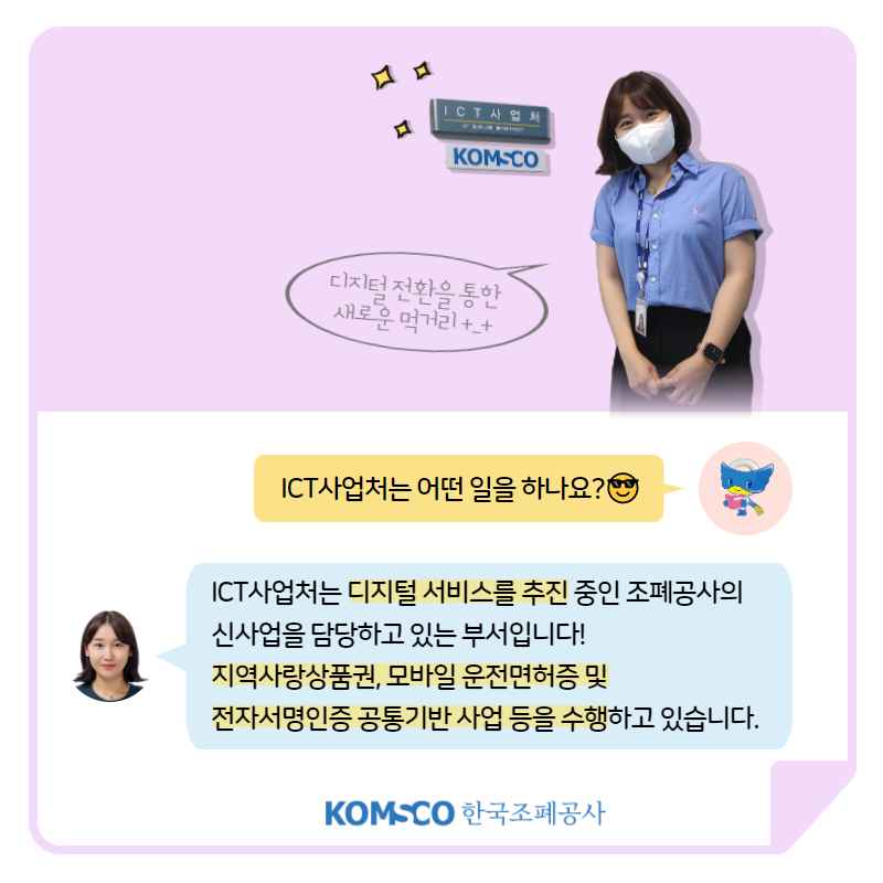 디지털 전환을 통한 새로운 먹거리 +_+ ICT사업처는 어떤 일을 하나요? ICT사업처는 디지털 서비스를 추진 중인 조폐공사의  신사업을 담당하고 있는 부서입니다!  지역사랑상품권, 모바일 운전면허증 및  전자서명인증 공통기반 사업 등을 수행하고 있습니다.